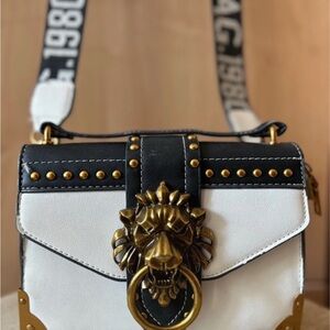 Gold Lions head Black and White Crossbody Bag